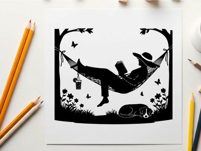 Relaxing silhouette of a man in a hammock with dog and butterflies