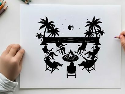 Silhouette of people sitting around a beach campfire at night