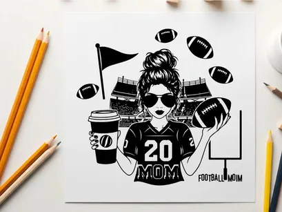 Football mom silhouette with footballs and coffee