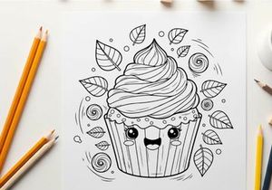 Cute cupcake with swirl frosting and face vector illustration