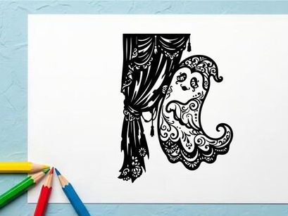 Intricate black and white lace curtain with ornate moon design