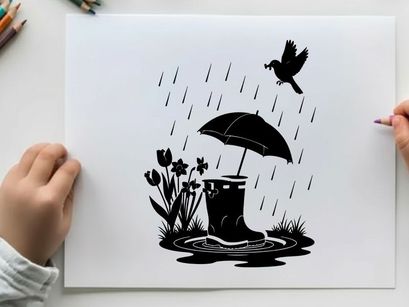 Silhouette of bird umbrella and rainy day scene