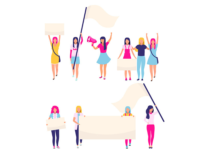 Female protesters with blank placards flat vector characters