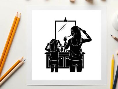 Mother and daughter getting ready in front of mirror silhouette