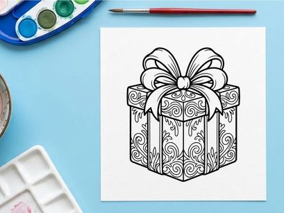 Caja de regalo navideña elegante con espirales ornamentales y moño decorativo para celebraciones festivas