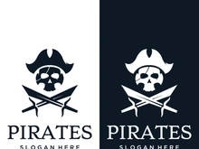 Pirate silhouette logo design with crossed swords, skull and bones.Vector illustration.