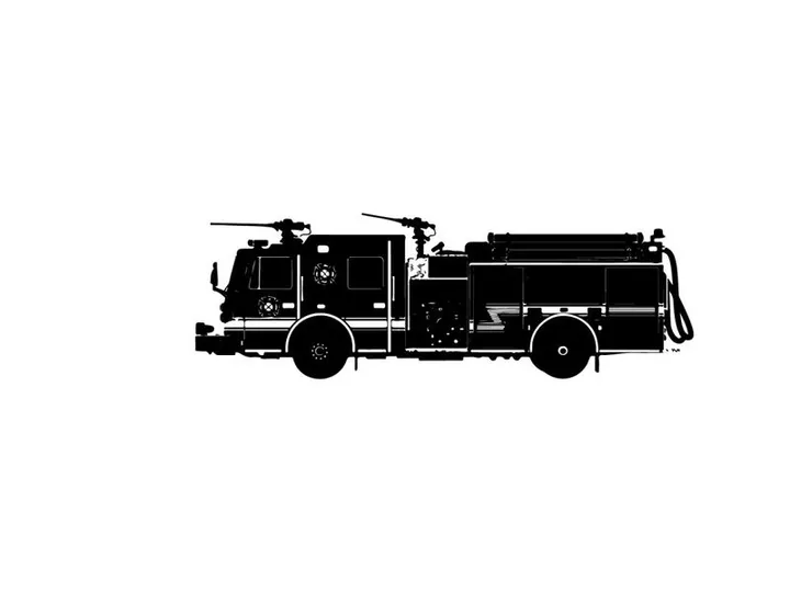 Fire truck silhouette with helicopter on top and hose