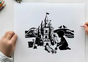 Silhouette of child building sandcastle on beach by sea