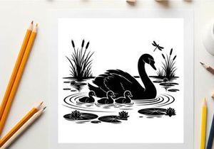 Mother swan and cygnets in pond silhouette