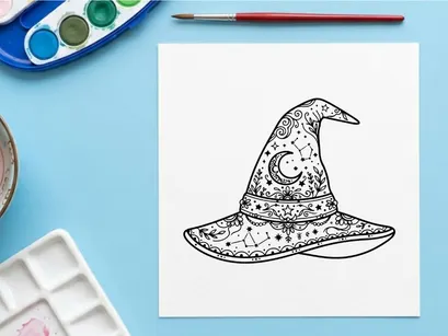 Desain topi penyihir klasik dengan hiasan bulan sabit dan bintang. Topi pesulap Halloween vintage untuk kostum dan tema fantasi.