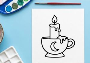 Halloween candle in a moon cup icon. Spooky wax light in a teacup vector illustration.
