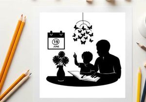 Silhouette of a man and child reading together on june 19th