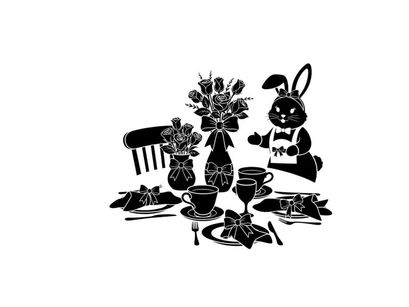 Whimsical silhouette of a bunny at a tea party with flowers