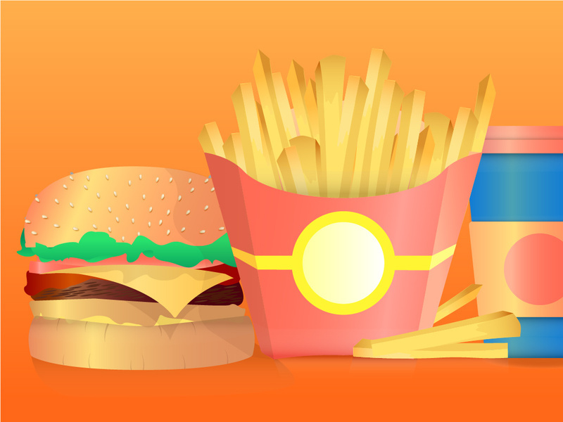Fast food. Hamburger, beverage and french fries, vector illustration