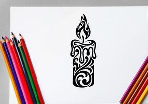 Stylized Candle Tattoo Design with Tribal Flames and Ornamental Details