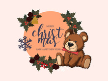 Cartoon Bear happy new year 2023, merry christmas poster and banner.