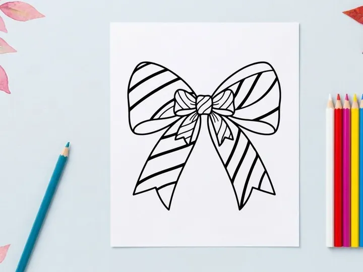Hand-drawn striped Christmas gift bow with floral center for holiday wrapping and decor