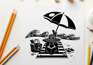Beach scene silhouette with umbrella and beach bag