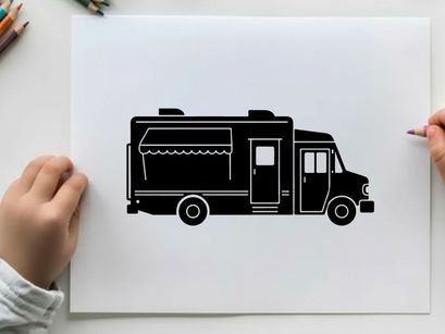 Silhouette of a food truck with awning and service door