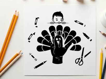 Child behind a silhouette turkey craft with art supplies