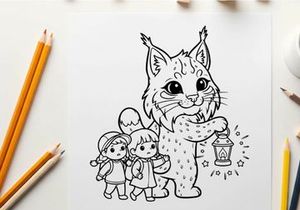Cute lynx with kids holding lantern vector illustration