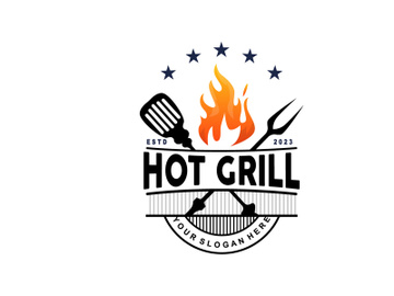 Barbeque Logo, Hot Grill Design With Fire And Spatula, Vector BBQ Grill Vintage preview picture
