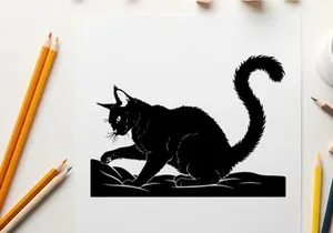 Black silhouette cat crouching low with tail up