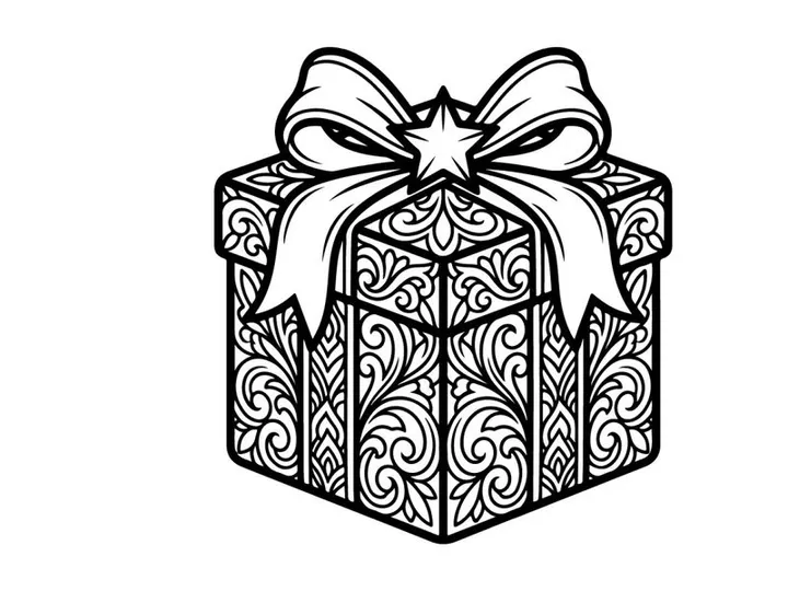 Christmas gift box with ornate floral pattern and bow, black and white line art illustration