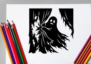 Silhouette of a spooky ghost with flowing hair and haunting eyes