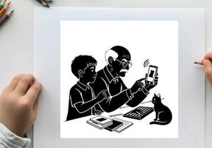 Silhouette of a man and child with cat looking at smartphone