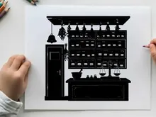 Silhouette of a kitchen with hanging herbs and jars