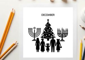 December holiday celebration silhouette of family by christmas tree and menorahs