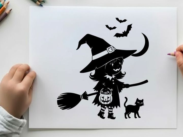Halloween silhouette of a witch with cat and bats