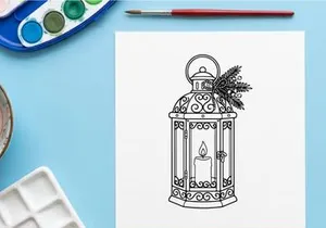 Ilustrasi seni garis lentera Natal dengan lilin menyala dan ranting pinus hias