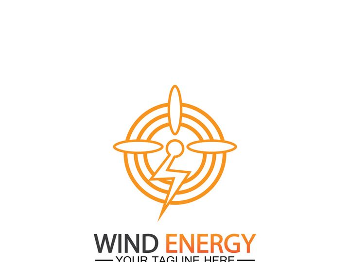 Wind energy logo. renewable energy icon with wind turbines and thunder bolt isolated on white background