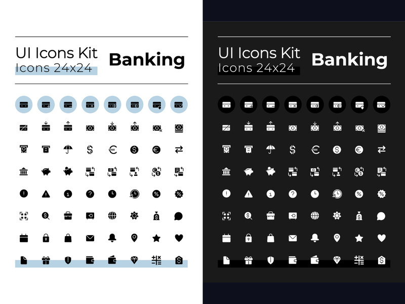 Banking glyph ui icons set for dark, light mode