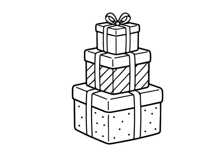 Stack of Christmas gift boxes line art illustration for holiday coloring page design