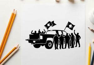 Silhouette of people with flags standing next to a truck