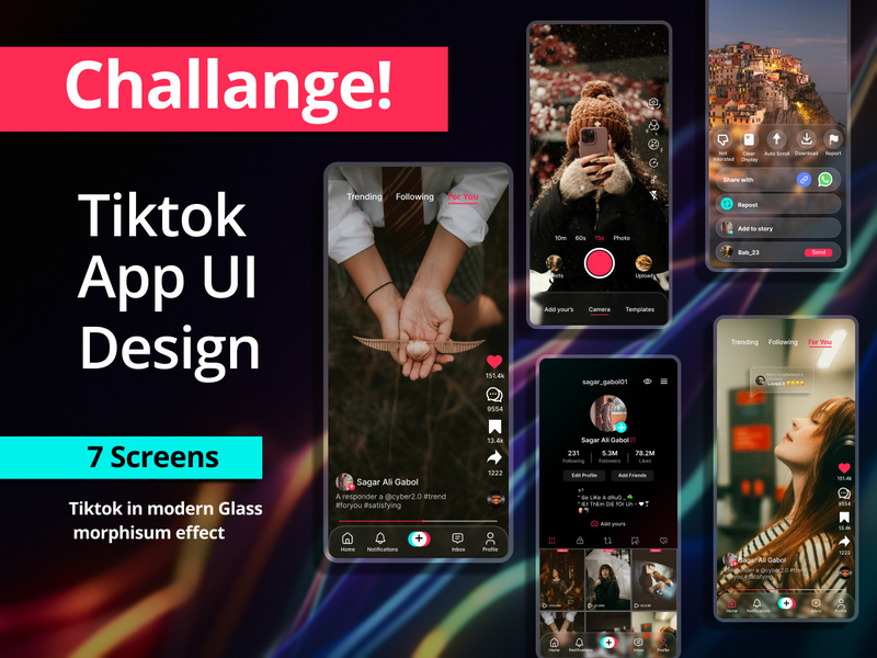 Tiktok App UI Kit in glass morphism style (7 screens)