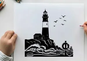 Silhouette of a lighthouse on a rocky coastline with seagulls