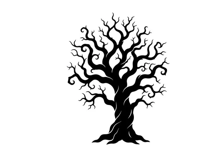 Black silhouette of a leafless tree with twisting branches