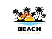 Coconut Tree Logo With Beach Atmosphere, Beach Plant Vector, Sunset View Design