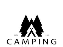 vintage and retro tent logo, camping. With tent, tree and bonfire sign. adventurers, scouts, climbers, camping equipment center