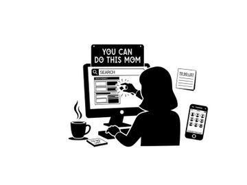 Silhouette of a woman working on computer with motivational screen preview picture
