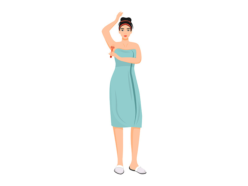 Woman in towel shaving armpits flat color vector faceless character