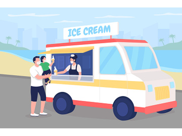Buying ice cream on beach during pandemic flat color vector illustration preview picture