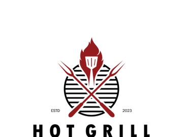 Simple Barbecue Vintage hot grill, with crossed flames and spatula. Logo for restaurant, badge, cafe and bar.vector preview picture