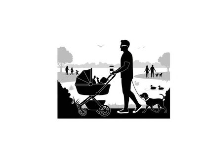 Silhouette of man walking baby stroller and dog in park
