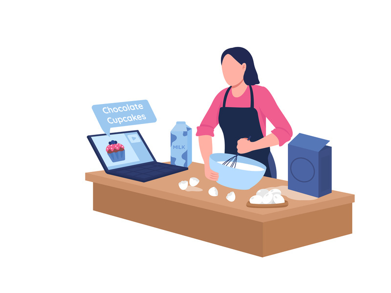Caucasian woman baking with online tutorial flat color vector faceless character