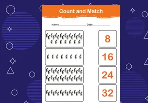10 Pages Count and match with the correct number. Matching education game. Count how many items and choose the correct number